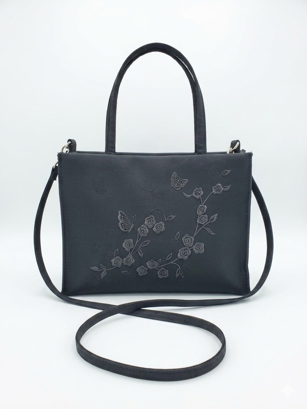 Whimsy Goth Black Embroidered Floral & Butterfly Mini Tote Bag